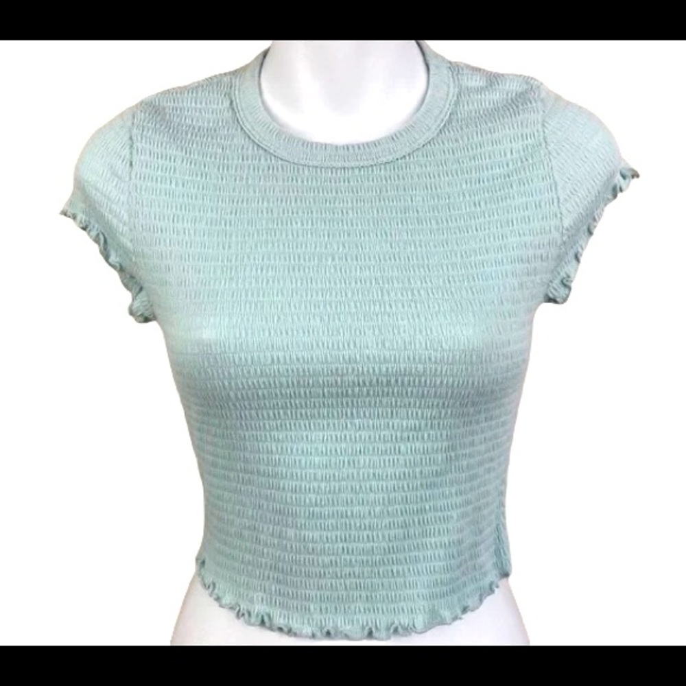 Altar’d State Light Blue Ribbed Lettuce Trim Short Sleeve Crop Top Women’s Large